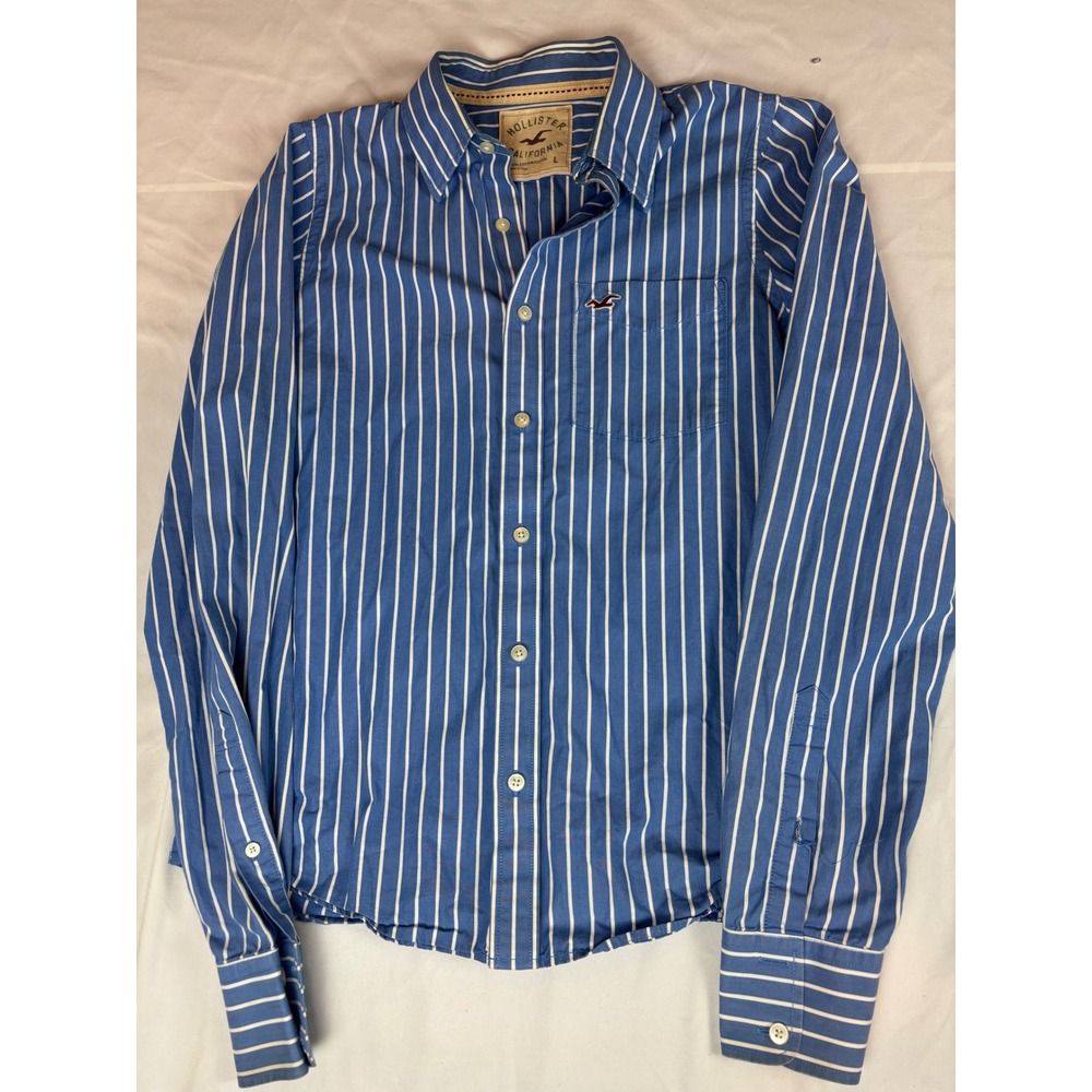 Hollister Mens Blue White Striped Long Sleeve Button Down Cotton Shirt Large